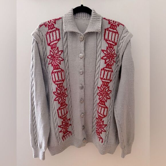 Vintage Handmade Cable Knit Grey & Red Intarsia Lanterns Oversized Cardigan 52 - Picture 1 of 10